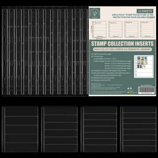 Briefmarkenseiten – 12 klare einseitige Briefmarkenhüllen-Einlagen, 5/6/7/8 Reihen für Briefmarkensammlungsordner IS02MX112