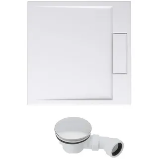 doporro Duschtasse Duschwanne 80x80x4 flach Mineralguss in Weiß inkl. Ablaufgarnitur AL02 DIN-Anschlüsse für bodenebene Montage geeignet Geoma04 - Doporro