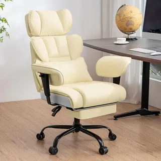 HOFFREE Ergonomischer Leder Bürostuhl, hoher XXL Drehstuhl mit Fußstütze, verstellbarer Kopf- & Armlehnen, bis 200 kg belastbar, Beige - Beige