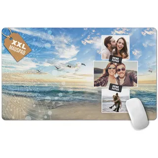 PR Print Royal Großes Mousepad mit Foto selbst gestalten - Urlaub-Fotocollage mit 3 Fotos - Strand und Meer - XXL Mousepad Bedrucken, Geschenke für Freunde | Schreibtischunterlagen, 600 x 350 mm