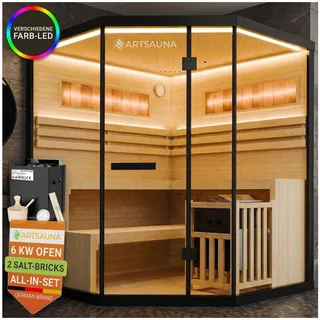 ARTSAUNA® Traditionelle Sauna Vantaa schwarz - moderne Indoorsauna für 3 Personen, Hemlock Holz, Sicherheitsglas, RGB LED Beleuchtung mit Fernbedienung, Saunaofen 6 kW