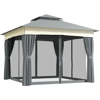 Outsunny Pavillon mit Doppeldach, 3x3 m Wasserabweisend Stabil Winterfest Gartenpavillon mit Moskitonetz, Seitenteile, Garten-pavillon aus Metall, für Garten, Terrasse, Dunkelgrau