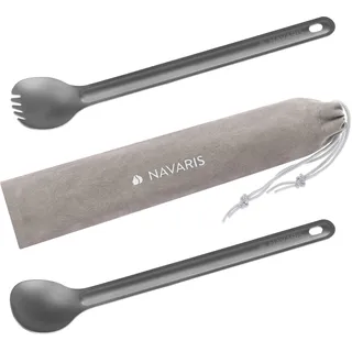 Navaris 2er Set Titan Besteck extra lang - 2in1 Outdoor Göffel Spork und Camping Löffel inkl. Tasche - Gabel Löffel Essbesteck Kombi - Reisebesteck