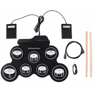 NEWFUN Schlagzeug Elektronisch, Elektronisches Schlagzeug, E Drum, Elektronisches Schlagzeug, Roll-up Drum Practice Pad mit 7 Silikon Schlagzeug Pads mit Mallets und Fußpedal für Anfänger und Kinder