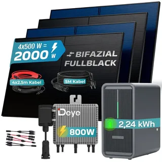 sunniva Balkonkraftwerk Full Black Bifazial 2000 W inkl. 2,24 kWh Speicher + 4 x 500 W N-Typ Glas-Glas Bifacial Module