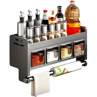 TECKZOON Küchenregal Wand Organizer Ohne Bohren, Hängendes Gewürzregal aus Stainless Steel mit Küchenrollenhalter & 4-5 Gewürzboxen, Gewürz Organizer Regal für Wand (4 Gewürzbox)