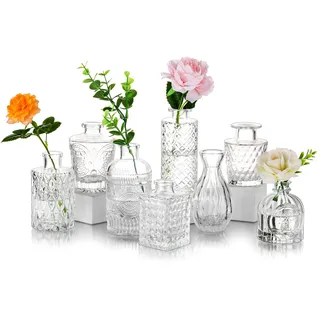 Glasseam Kleine Glasvase Tischdeko Vintage: 8er Vase Glas Klein Blumenvase Modern Deko Mini Vasen Set Schmale Tischvase Aesthetic Kristallvase Hochzeit Dekogläser Pampasgras Rose Baddekorationen
