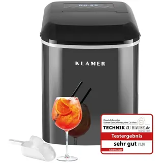 Klamer Eiswürfelmaschine, 10 Eiswürfel in 7-9 Minuten, 15 kg Eiswürfel pro Tag, 2 Eiswürfelgrößen, 2,1 L Wassertank, 120 W Ice Maker mit Timer, Leiser Eiswürfelbereiter mit Eisschaufel