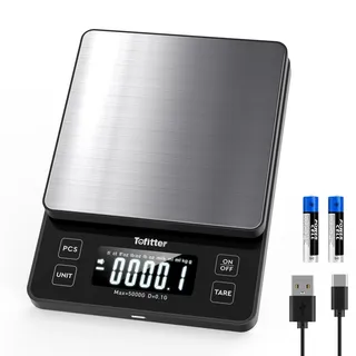 Tofitter Digitale Küchenwaage, Feinwaage mit 0,1 g/0,001 oz Präzision, USB-C Wiederaufladbar, Stückzählfunktion (PCS), 10 Wägeeinheiten, Edelstahl, für Backen, Kochen & Meal Prep