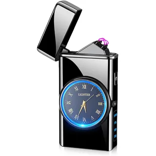 USB Elektronische Feuerzeug, Lichtbogen Feuerzeug mit LED-Beleuchtung Funktion und Uhr, Electric USB Lighter LED Dual Lichtbogen Feuerzeugs mit Batterieanzeige Winddicht Plasma Feuerzeugs, Schwarz