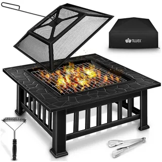 tillvex Feuerschale Mit Funkenschutz & Grillrost Feuerstelle Outdoor Für Den Garten 3 In 1 Bbq Grill Mit Abdeckung, Schürhaken, Zange & Kohlerost - Tillvex