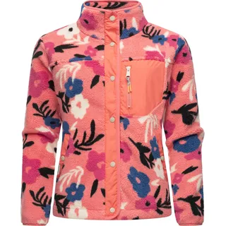 Ragwear Damen, Plüschjacke im Blumenmuster kurze Teddyfleece-Jacke warm mit hohem Kragen und Brusttasche Appopis Print Coral Gr.