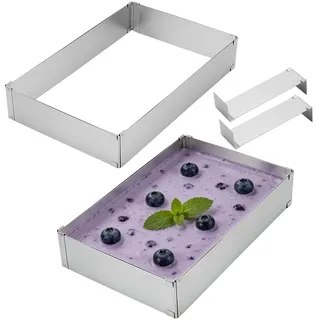 ZEONHEI 2 Stück Edelstahl Backrahmen Rechteckig Verstellbar, Tortenring Eckig Backblech, 5cm Hoch Kuchenform mit Teiler für Mousses, Schichttorten, Desserts, Ausziehbar von 27,5x18,5cm bis 52,5x34cm