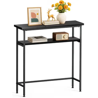 VOUNOT Konsolentisch Schmal mit 2 Ablagen, Flurtisch aus Metall und MDF, Moderner Beistelltisch Sofatisch Ausstellungstisch für Flur, Wohnzimmer, Schlafzimmer, 80×24×80 cm, Schwarz