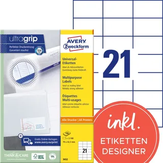 Avery Zweckform Universaletiketten 3652 Weiß 70,0 x 42,3 mm 100 Blatt 2100 St.