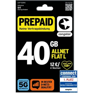 congstar Prepaid ALLNET L SIM-Karte ohne Vertrag I 40 GB Prepaid-Paket | 12 € Startguthaben I In D-Netz Qualität I 5G mit 25 Mbit/s I Telefonie & SMS Flat in alle deutschen Netze I EU-Roaming inkl.