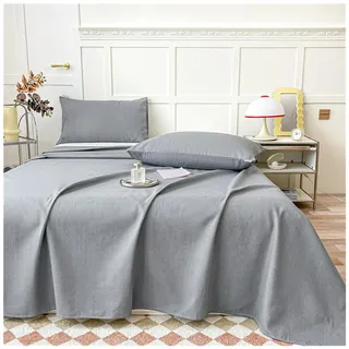 CZADMXP Bettlaken Betttuch Ohne Gummizug, Baumwoll Leinen Bett Laken Mit 2 Kissenbezug, Abwaschbar Ademend Haustuch Für Schlafzimmer (Grau,200x230cm)