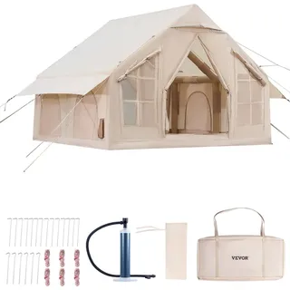Vevor Aufblasbare Zelte für Camping 3x3x2,3 m, 4–6 Personen, 300D Oxford 4-Jahreszeiten-Glamping-Zelt mit Handpumpe, Ofenanschluss, 2 Türen & 4 Netzfenstern, inkl. Aufbewahrungstasche für Transport