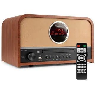 Audizio Salerno - Dab Radio Tuner, stilvolles Retro Radio mit kristallklarem Sound für EIN tolles Hörerlebnis, CD-Player, Bluetooth, USB, MP3, großes Display, Fernbedienung - Braun