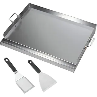 FINEUNAN Edelstahl Grillplatte | 40x30x8 cm | Universal BBQ Plancha passend für Weber Gasgrill und Holzkohlegrill | Grillplatte mit Grill-Spachtel Schaber set