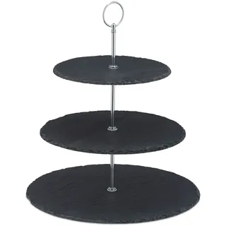 Relaxdays Etagere, 3 Etagen, Schiefer, Kuchen, Snacks, Obst, Metallgriff, Servierständer, HxD 34x30 cm, anthrazit/silber