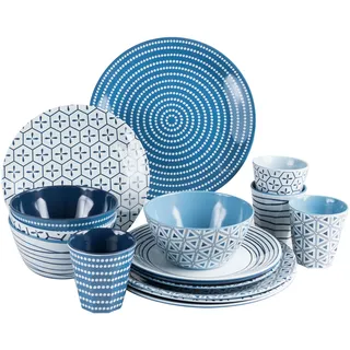 Camping Geschirr Set 4 Personen, Blau-Weiss, Melamin Geschirr Set, Camping-Geschirr, Wohnmobil Geschirr, Becher Kombiservice 16 tlg modernes Picknickgeschirr