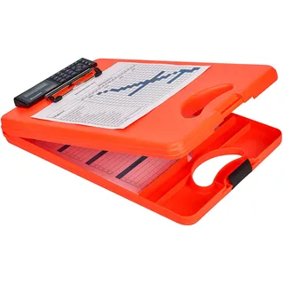 Läufer 53402 DeskMate II Safety mit Taschenrechner, Klemmbrett auf Formularkassette mit Griff, unten öffnend, unterteiltes Innenfach, Kunststoff, Signalfarbe neonorange, für DIN A4