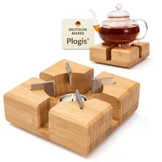 Plogis® Bambus Stövchen – Handgefertigter Teewärmer aus massivem Bambus | Stövchen für Teekanne & Geschirr | Teestövchen Holz mit Teelicht | 15×15 cm | Sicherer Halt Dank Metalleinsätzen