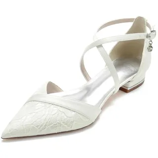 TNMIUH Damen Satin Spitze Flache Hochzeits-Brautschuhe Geschlossene Spitze Überkreuzter Knöchelriemen Niedriger Absatz Bequeme Abendschuhe,Elfenbein,41 EU - 41 EU