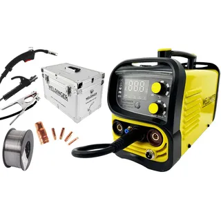 WELDINGER Fülldrahtschweißgerät ME 1300 GASFLUX + Koffer + Fülldraht + Düsensatz (auch für Schutzgas), 20 - 130 A, 11-tlg., Schutzgasanschluss, Umpolkabel, inkl. Fülldraht gelb