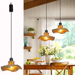 2 Stück Vintage Pendelleuchte Rattan Hängelampe mit Batterie Boho Deckenlampe Rustikal Retro Hängeleuchte E27 Esszimmerlampe Deckenleuchte für Innen Außen Garten Balkon Camping Flur Dekorative Lampe