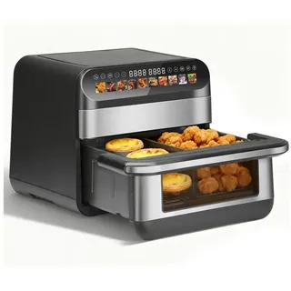 WHEELYOU Heißluftfritteuse 10 L Doppelkammer Airfryer – Doppelbehälter-Modus mit unabhängiger Steuerung, 2400 W, XXL Airfryer mit 10 Automatikprogrammen & unabhängiger Steuerung schwarz