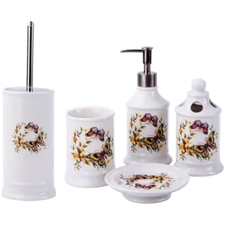 Landhaus Vintage Keramik Badset (Schmetterlinge) Badezimmerset Badezimmer Badeset Set Bad Zubehör, Seifenspender Zahnbürstenhalter Seifenschale Zahnputzbecher WC Bürste Badgarnitur Garnitur (5er Set)