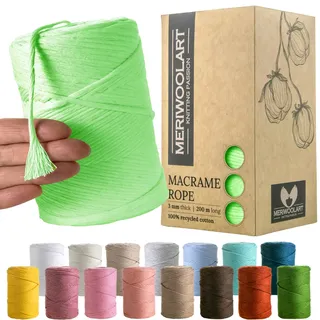 MeriWoolArt® Makramee Garn Grün - Makramee Garn 3mm farbig 200m - Super weiches Garn, einfach gedrehte Makramee Schnur - Öko-Tex 100% recyceltes Baumwollgarn farbig - DIY Boho Deko Makramee
