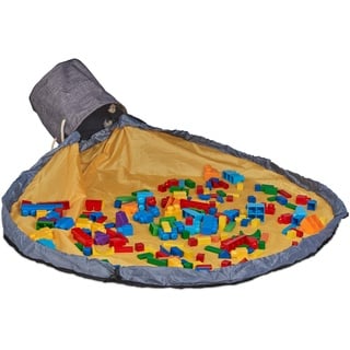 Relaxdays Aufräumsack mit Spieldecke, Spielzeug Aufbewahrung, Kinder, aufgeräumtes Kinderzimmer, HxD 30x32 cm, grau-gelb