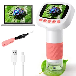 Mikroskop für Kinder ab 3 Jahren, 1000X Tragbares Handmikroskop mit 2'' HD-Bildschirm, Digitales Edubini Taschen Mikroskop, Weihnachten Geburtstag für Kinder (Rosa)