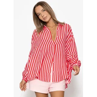 SASSYCLASSY Longbluse Musselin Bluse mit hellen Streifen für Damen Baumwollbluse im Oversized Fit mit Kent Kragen rot O