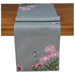 heimtexland Läufer Tischdecke Leinen-Optik Bestickt Deko Esszimmer Serie Margariten Blumen Tischwäsche grau Stickerei Schmetterling Tischband Frühling Typ886 Tischläufer 40x140 cm rosa