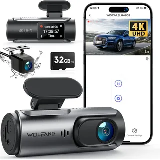 WOLFANG Dashcam Auto Vorne Hinten 4K WiFi Dash Cam mit 32GB SD Karte, Ultra Nachtsicht, 170°Weitwinkel, WDR, 24 Std. Parkmodus, G-Sensor, Loop-Aufnahme