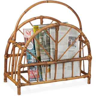 Relaxdays Zeitungsständer Rattan, runde Zeitungsablage, Zeitschriftenhalter, HxBxT: 47 x 43,5 x 20,5 cm, Holz,