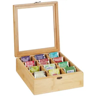 Relaxdays Teebox, 12 Fächer, Bambus, HxBxT: 9,5 x 26,5 x 28,5 cm, für Tee & Kaffeepads, Teebehälter mit Deckel, Natur