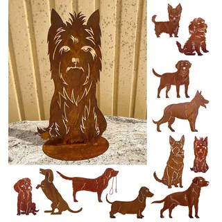 Gartenfigur Hund Terrier sitzend auf Platte 50x27cm Edelrost Gartendeko Rost Metall Rostfigur Hund Tier von Steinfigurenwelt