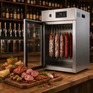 Trockenschrank, Dry Ager Reifeschrank, Reifeschrank, Wursttrockner | Einstellung 0–90 °C, mit LED-Bedienfeld und 14 Haken, 7,5 kg Kapazität, Edelstahl, für Trockenfleisch, Speck, Würste, Früchte