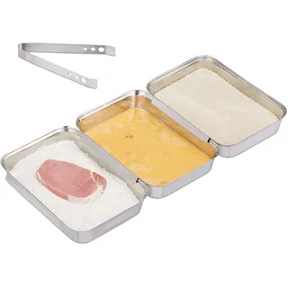 Relaxdays Panierstraße Edelstahl, 3 Schnitzel Panierset Schalen, mit Panierzange, stapelbar, spülmaschinenfest, Silber