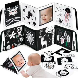 URMYWO Kontrastkarten Baby, Schwarz Weiß Doppelseitig Baby Stoffbuch, Kontrastbuch für Neugeborene Babys 0-3-6 Monate Visual Stimulus Lernkarten, Flashcard Kleinkinder Spielzeug Geschenk
