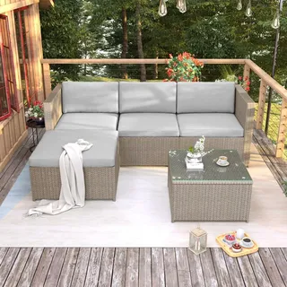 Flieks Polyrattan Gartenlounge-Set 2-tlg., Balkonmöbel Gartenmöbel Set für 4 Personen, 4-Sitzer-Gartensofa mit Kissen & Gartentisch, Khaki - Grün/Braun