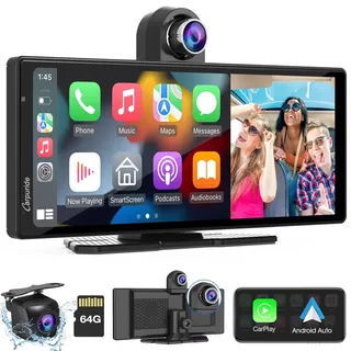 Carpuride 9,3" W903 Tragbares Kabelloses Carplay & Android Auto mit Dashcam | HD-IPS-Bildschirm, 4K Front Rückfahrkamera, Loop Aufnahme, Bluetooth, Mirror Link, GPS, Siri, Armaturenbrettmont