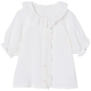 vertbaudet Kurzarmbluse Mädchen Bluse mit Lochstickerei weiß 146/152