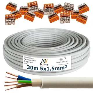 NYM-J 5x1,5 mm2 30m Mantelleitung Installationskabel mit 15 Stück Klemmen M95