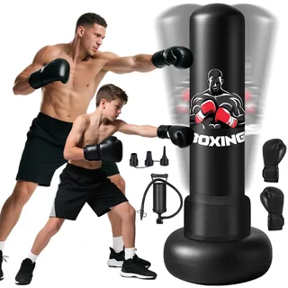 Boxsack Erwachsene, 180 cm Schwerer Boxsack Stehend mit Boxhandschuhen und Luftpumpe, Aufblasbar Boxsack Gefüllt für Kampfsport Standboxsack Geschenk für Taekwondo, Black Boxing Bag Kinder